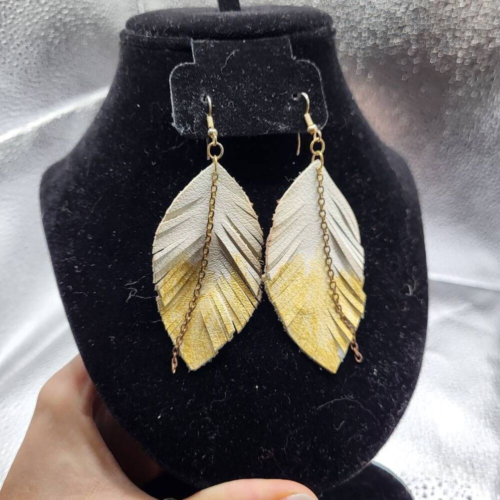 Artisan Made Genuine White Leather Feather Earrings